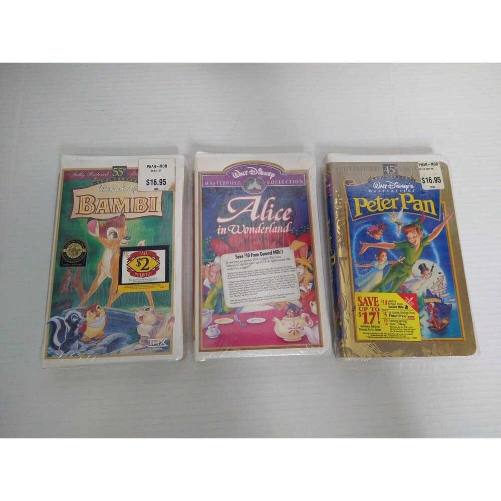 New Sealed Lot of 3 Disney VHS Movie Masterpiece Collection Bambi Alice Peter